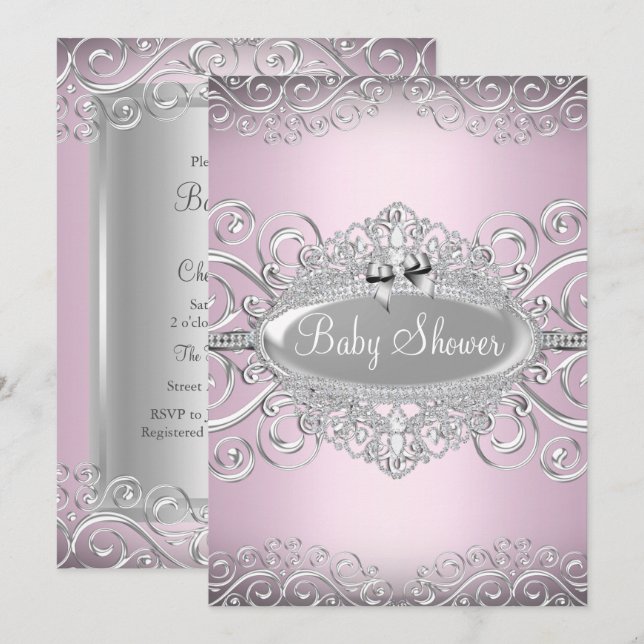 Elegant Rosa & Silver Damask Prinsessa Bebis Kalas Inbjudningar (Fram/baksida)