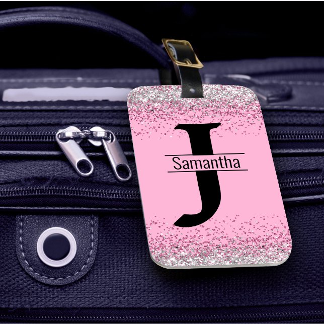 Elegant rosa silver faux glitter monogram bagagebricka (Skapare uppladdad)