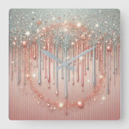 Elegant Rosa & Silver Glitter Drift Fyrkantig Klocka