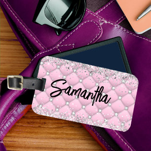 Elegant rosa silver glitter glänsande monogram bagagebricka