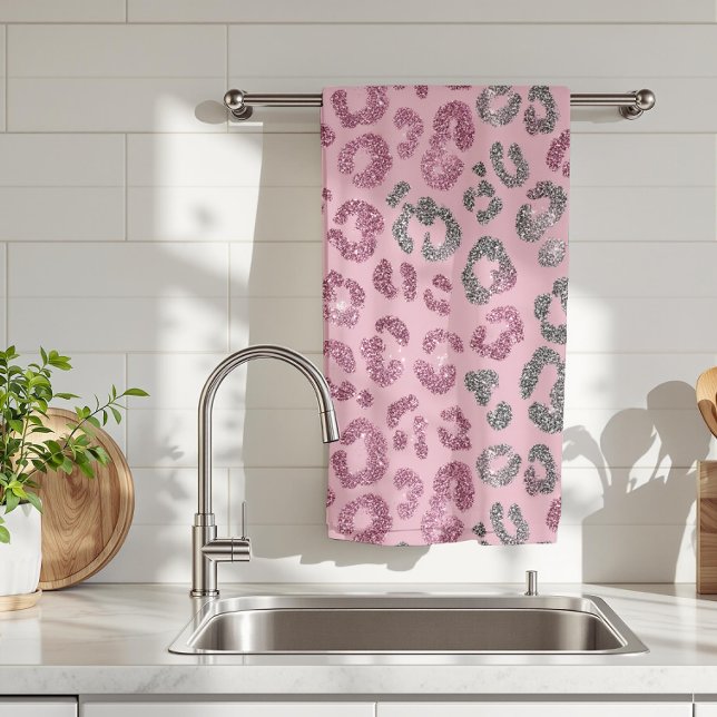 Elegant rosa silver glitter leopard på roséguld kökshandduk (Skapare uppladdad)