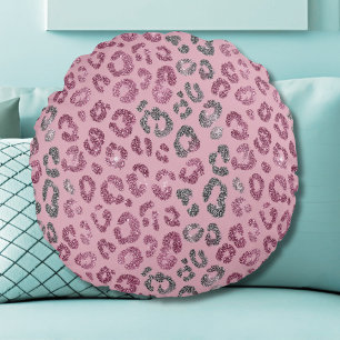 Elegant rosa silver glitter leopard på roséguld rund kudde