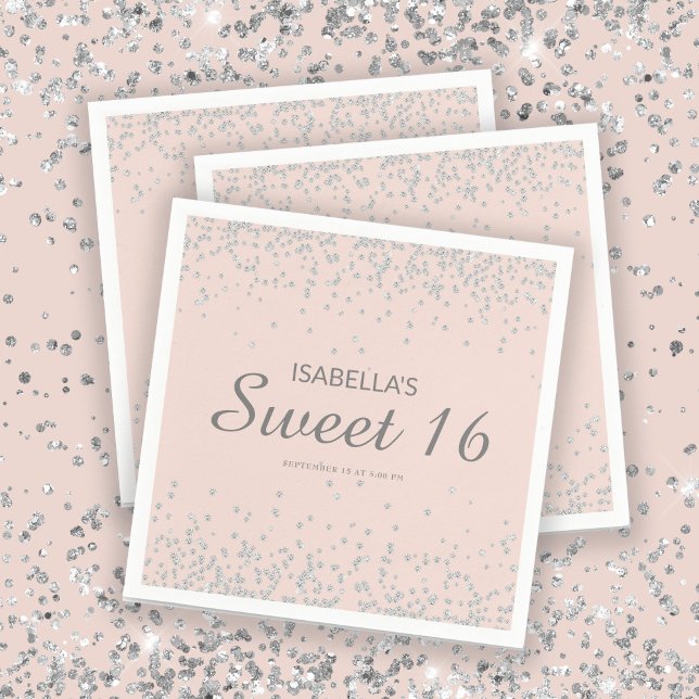 Elegant Rosa Silver Glitter Sweet 16 Namn  Pappersservett (Skapare uppladdad)