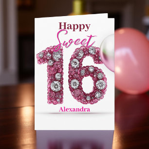 Elegant Rosa & Silver Glittering Gemstone Sweet 16 Kort