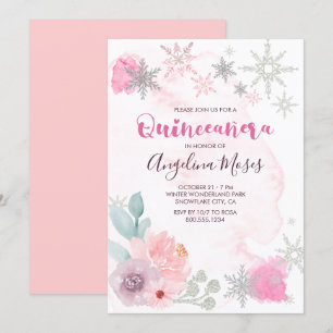 Elegant Rosa Silver Winter Wonderland Quinceanera Inbjudningar