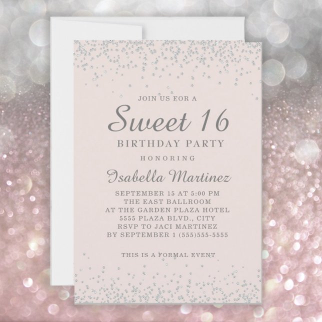 Elegant Rosa Silverglitter Söt 16-årsfest Inbjudningar (Skapare uppladdad)