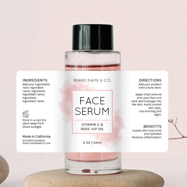 Elegant  Rosa Skincare Kosmetiskt Flaska-märke Fraktsedel (Feminine cosmetic bottle wrap around label with pink watercolor background and modern layout)