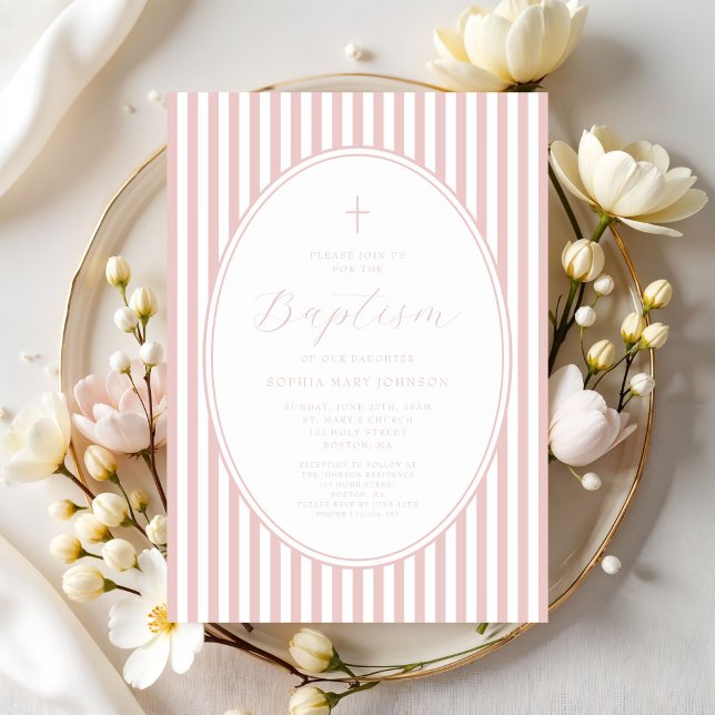 Elegant Rosa Skrift Flickas Dop Inbjudningar (Elegant Pink Script Girl Baptism Invitation)