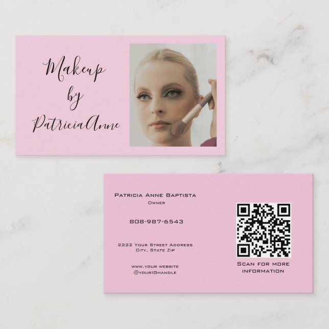 Elegant Rosa Skriftfoto QR-kod Smink Visitkort (Fram/baksida)