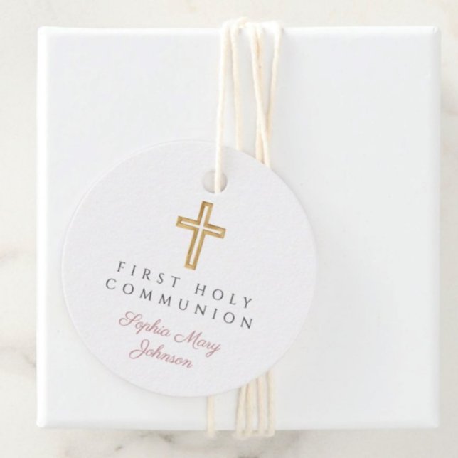Elegant Rosa Skript Första sambandsrunda Gåvor Etiketter (Elegant Pink Script First Communion Round Favor Tags)