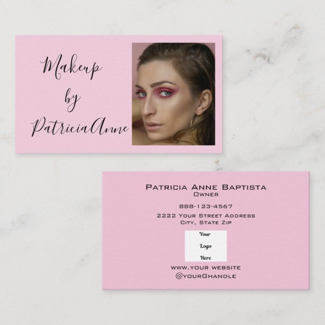 Elegant Rosa Skriptlogotyp Foto Makeup Visitkort (Fram/baksida)