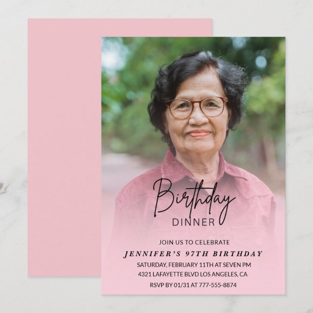 Elegant Rosa Skugga Middag Foto 97-årsdag Inbjudningar (Fram/baksida)