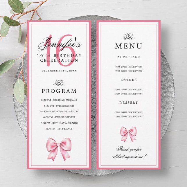 Elegant rosa slinga 16-års födelsedagsprogram meny inbjudningar (Elegant Blush Pink Bow 16th Birthday Program Menu)