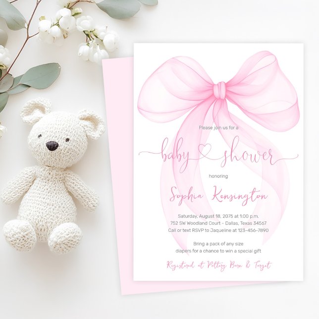 Elegant Rosa Slinga Bebis Shower Inbjudningar (Delicate pink bow baby shower invitation. Simply add your event details.)