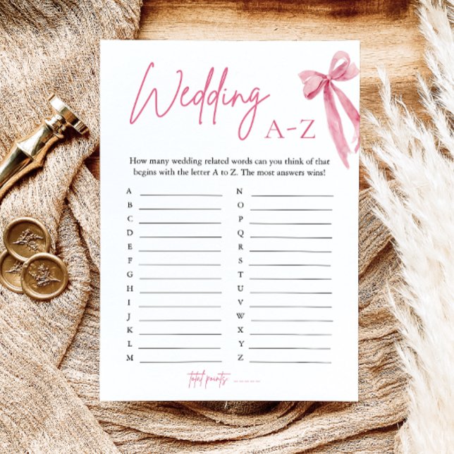 Elegant Rosa Slinga Bröllop A-Z Bröllopsfest Lek Inbjudningar (Elegant Pink Bow Wedding A-Z Bridal Shower Game)