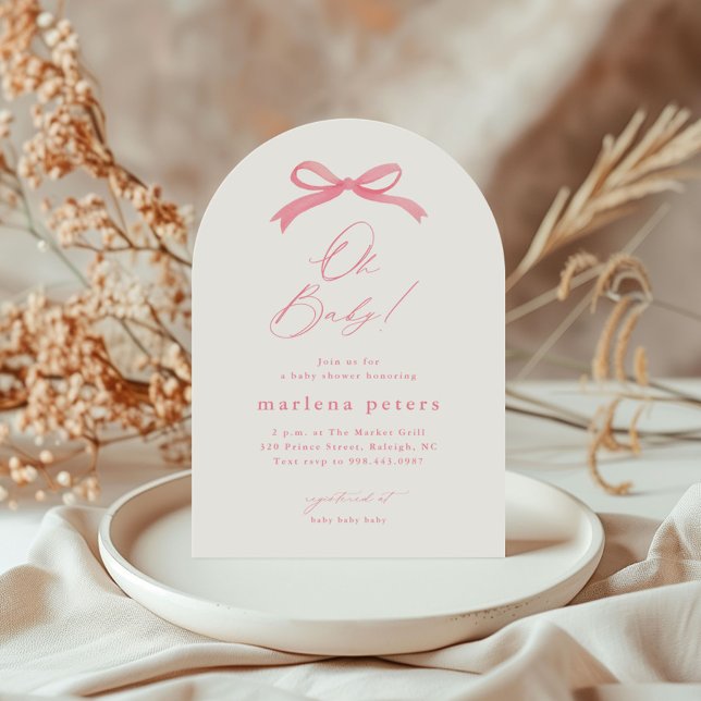 Elegant Rosa Slinga Flickor Baby Shower Inbjudningar (Simple hand painted pink bow script girls baby shower invitation.)