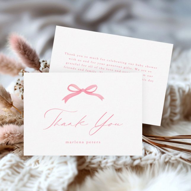 Elegant Rosa Slinga Flickor Baby Shower Tack Kort (Simple pink bow girls baby shower thank you card.)