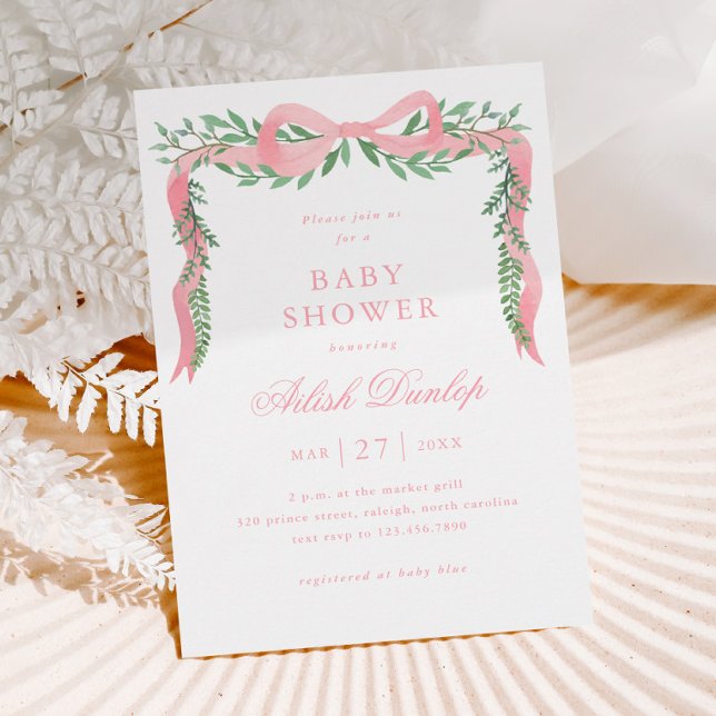 Elegant rosa slinga med grönska flicka baby shower inbjudningar (Elegant Pink Bow Greenery Girl Baby Shower Invitation.)