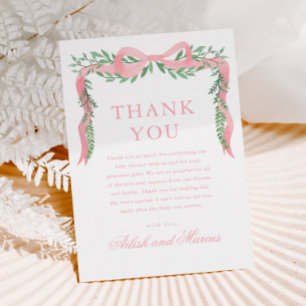 Elegant rosa slinga med grönska pojke baby shower tack kort