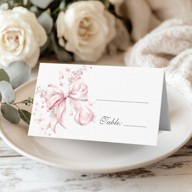 Elegant Rosa Slinga Pärlor Blommig Bord Placeringskort (Coquette Pink Bow Pearls Floral place card)
