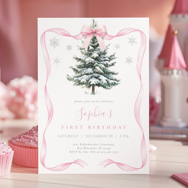 Elegant Rosa Slinga Vinter Onederland Första Födel Inbjudningar (Skapare uppladdad)