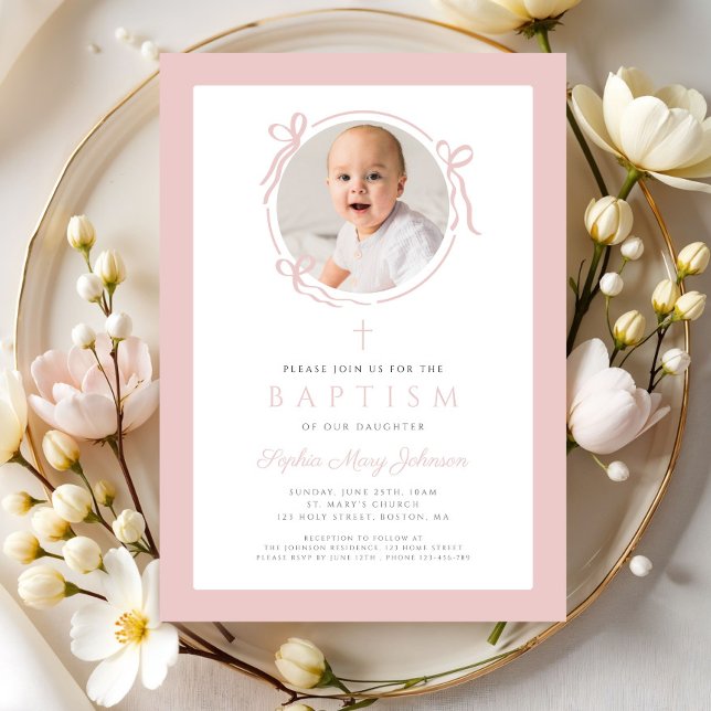 Elegant Rosa Slöja Foto Dop Inbjudningar (Elegant Blush Pink Bow Photo Baptism Invitation)