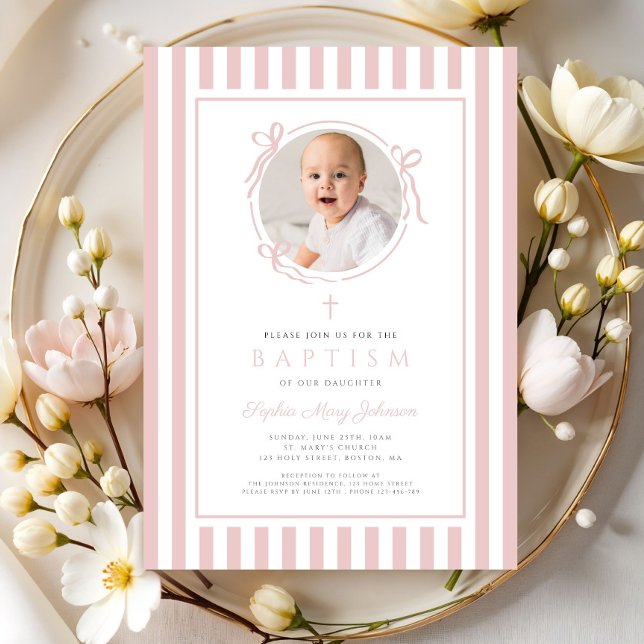 Elegant Rosa Slöja Foto Flicka Dop Inbjudningar (Elegant Blush Pink Bow Photo Girl Baptism Invitation)