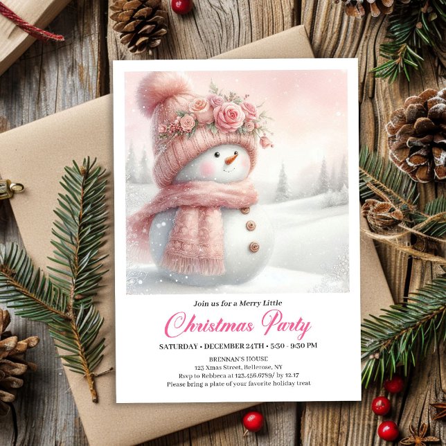 Elegant Rosa Snöman Barn Redigerbar Digital Jul Inbjudningar (Elegant Pink Snowman Kids Editable Digital Christmas Invitation

)