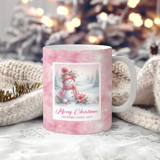 Elegant Rosa Snöman Mysig Vinter Skog Julscen Kaffemugg (Elegant Pink Snowman Cozy Winter Forest Scene Xmas Coffee Mug)