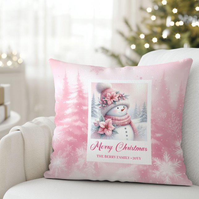 Elegant rosa snöman vinter scen barn jul  kudde (Elegant Pink Snowman Winter Scene Kids Christmas Pillow

)