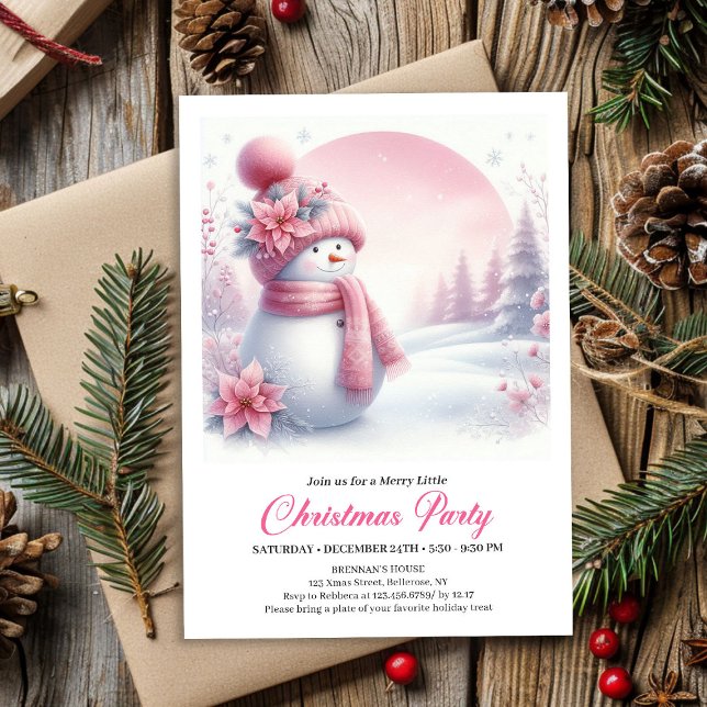 Elegant Rosa Snömannen Barn Redigerbar Julinbjudan Inbjudningar (Elegant Pink Snowman Kids Editable Christmas Invitation

)