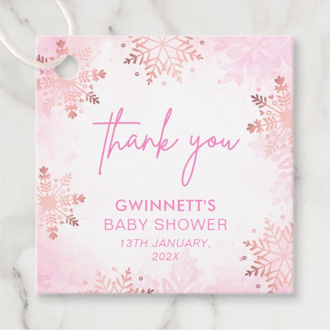 Elegant Rosa Snowflake Girl Baby Shower Gåvor Etiketter (Framsida)