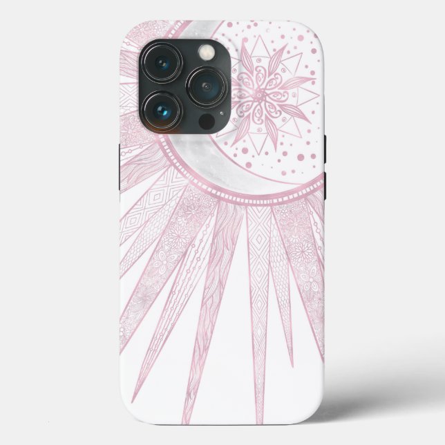 Elegant Rosa Sol Måne Doodle Mandala Vit Design (Baksida )