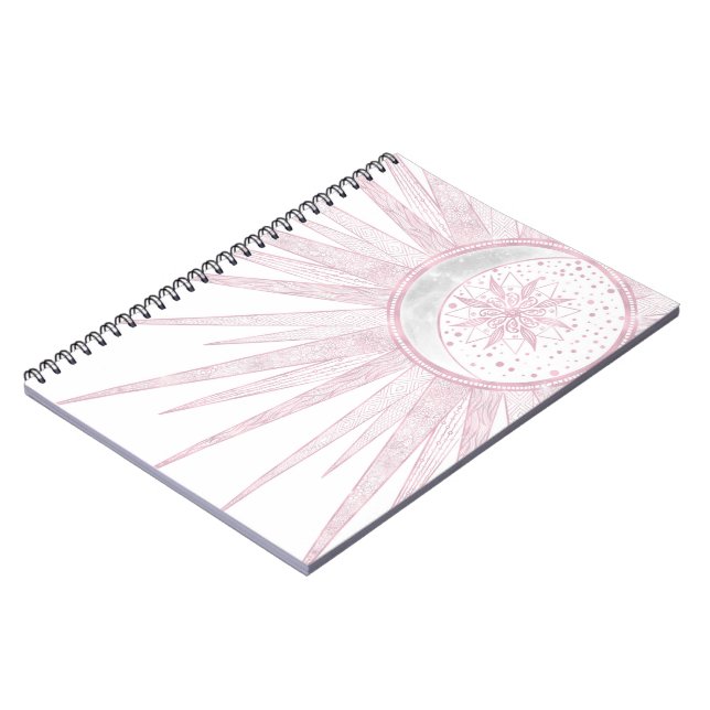 Elegant Rosa Sol Måne Doodle Mandala White Design Anteckningsbok (Vänstra Sidan)