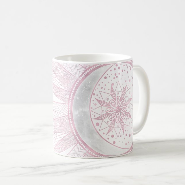 Elegant Rosa Sol Måne Doodle Mandala White Design Kaffemugg (Framsida höger)