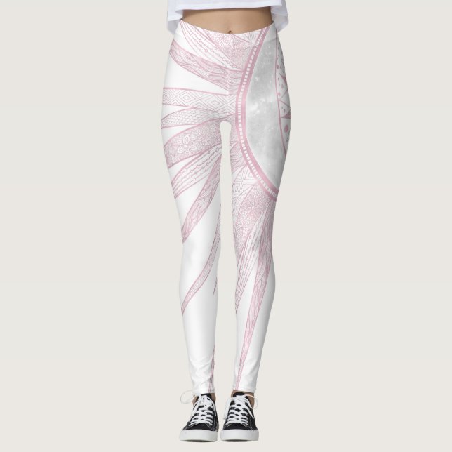 Elegant Rosa Sol Måne Doodle Mandala White Design Leggings (Framsida)