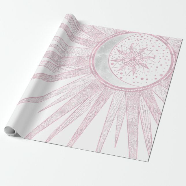Elegant Rosa Sol Måne Doodle Mandala White Design Presentpapper (Utrullad)