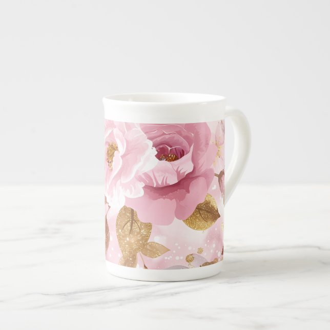 elegant rosa sömlös mönster med blommor ro a benporslin mugg (Framsida höger)