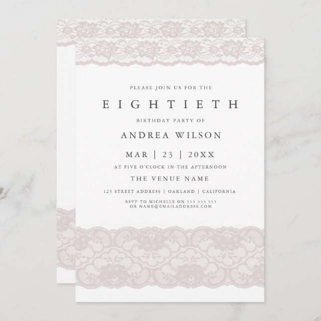 Elegant Rosa Spets 80-års Födelsedagsfest Inbjudan (Fram/baksida)