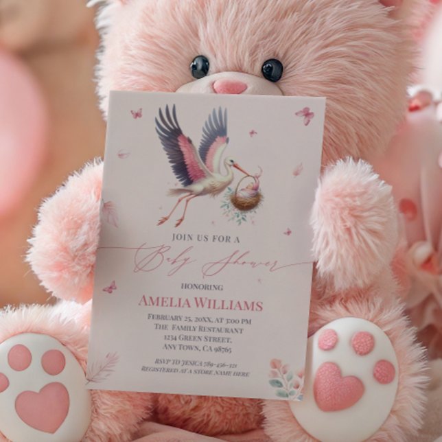 Elegant Rosa Stork Baby Shower med Butterflies Inbjudningar (Skapare uppladdad)