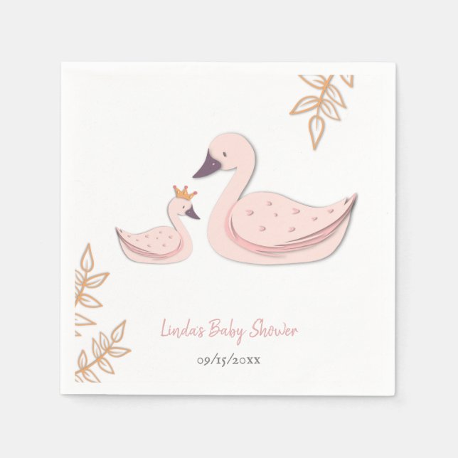 Elegant rosa svan med ung flicka baby shower pappersservett (Framsidan)