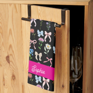 Elegant rosa svart blommig Chic Bow-mönster Kökshandduk