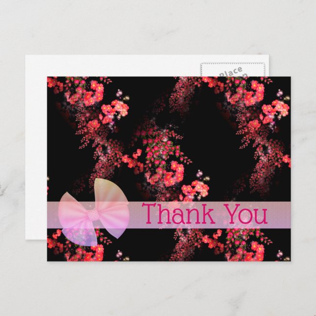 Elegant rosa svart blomster tack-kort vykort (Fram/baksida)