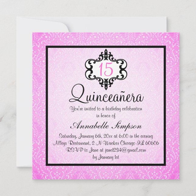 Elegant Rosa/Svart Chic Damask Quinceanera Inbjuda Inbjudningar (Framsida)