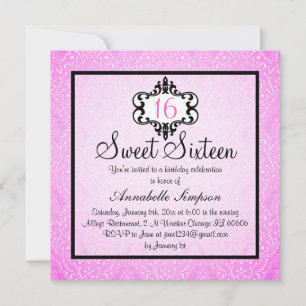 Elegant Rosa & svart Chic Damask Sweet 16 Inbjudan