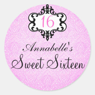Elegant Rosa & Svart Chic Damask Sweet 16 Klisterm Runt Klistermärke