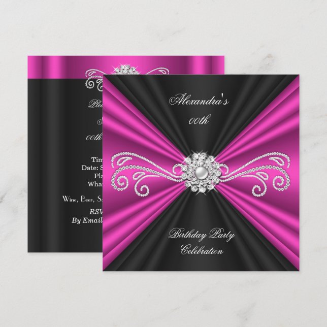 Elegant Rosa Svart Diamant Födelsedagsfest Inbjudningar (Fram/baksida)