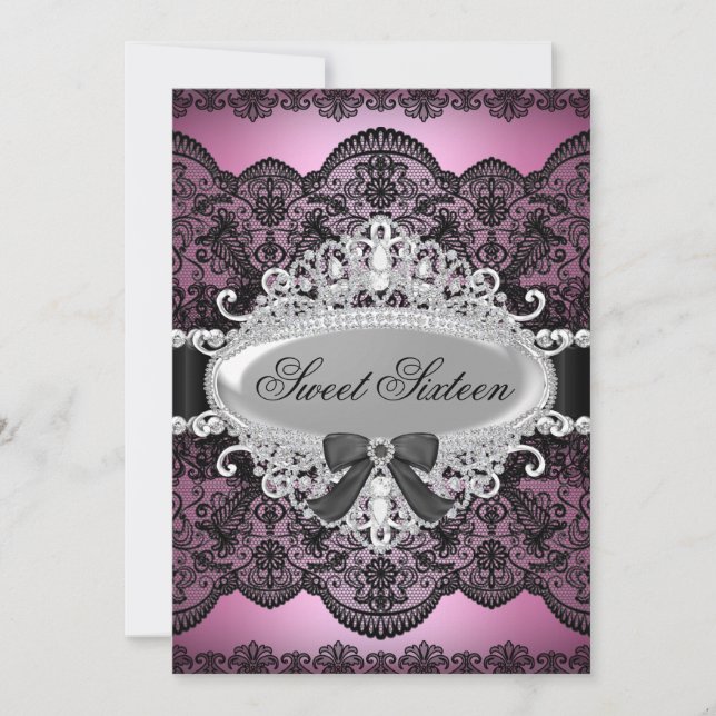 Elegant rosa & svart diamant spets Sweet 16 inbjud Inbjudningar (Framsida)