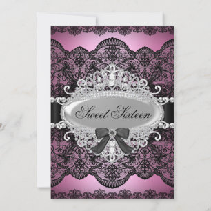 Elegant rosa & svart diamant spets Sweet 16 inbjud Inbjudningar