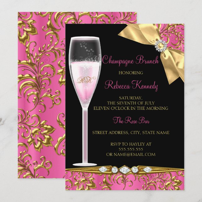 Elegant rosa svart guld damast champagnebrunch inbjudningar (Fram/baksida)